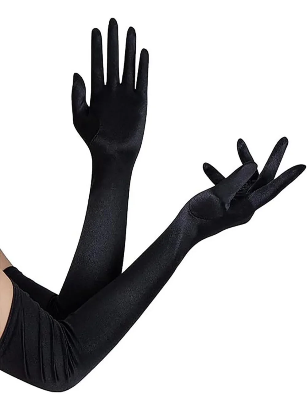 Women's Black Satin Opera Length Stretch Elbow Long Evening Party Gloves